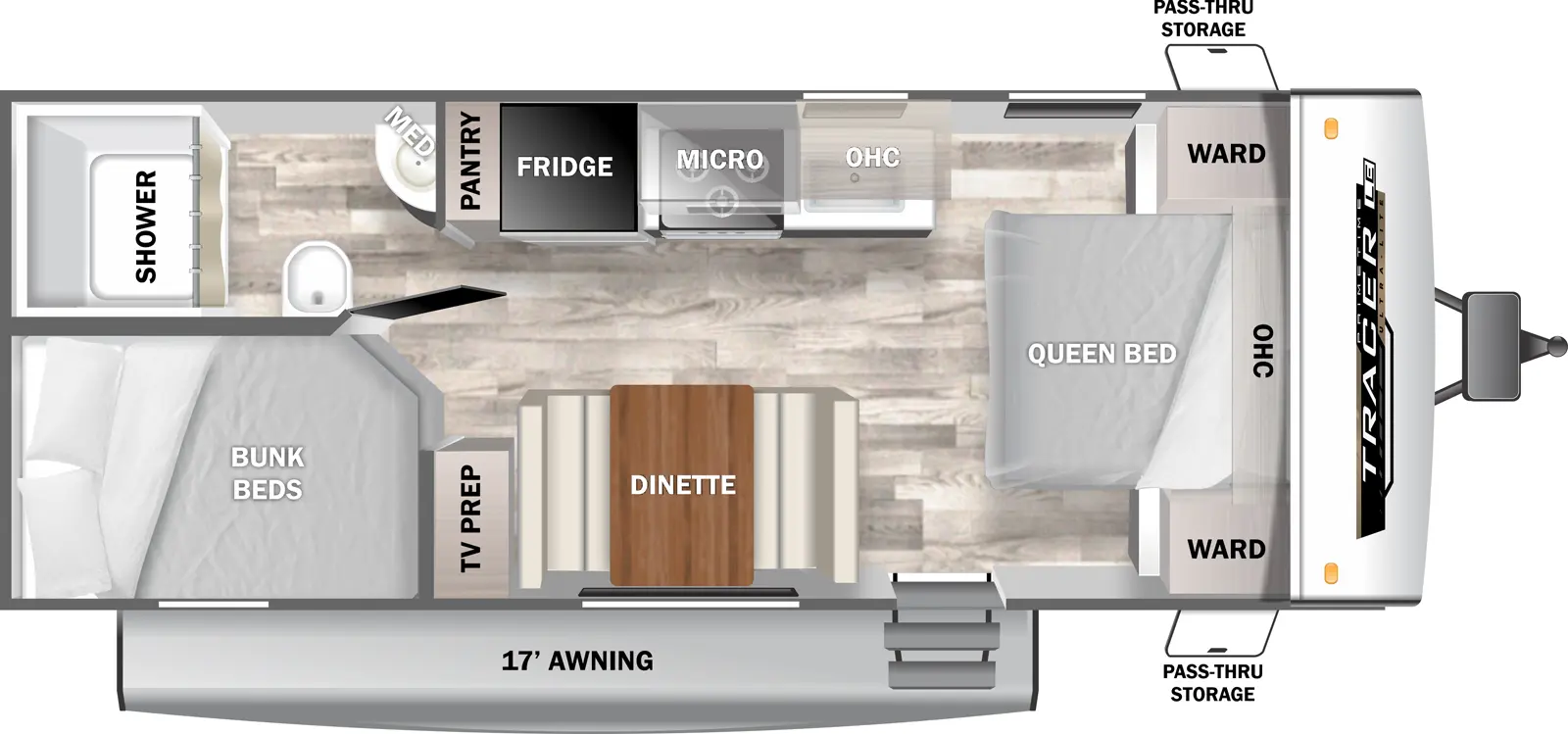 The 200BHSLE has zero slideouts and one entry. Exterior features a 17 foot awning and front pass-thru storage. Interior layout front to back: foot-facing queen bed with overhead cabinet and wardrobes on each side; off-door side kitchen counter with sink, cooktop, overhead cabinet, microwave, refrigerator, and pantry; door side entry, dinette, and TV prep; rear off-door side full bathroom with medicine cabinet; rear door side bunk beds.